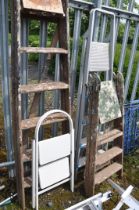 FOUR WOODEN STEP LADDERS, an aluminium step ladder and a steel step (6)