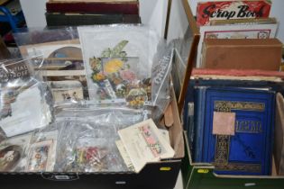 FOUR BOXES OF EPHEMERA containing Victorian paper ephemera, scrapbooks, greetings cards, trade