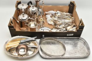 A BOX OF ASSORTED WHITE METAL WARE, to include entree dish with cover, teapot, coffee pot, water