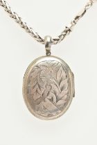 A SILVER WHEAT CHAIN AND AN OVAL LOCKET, fitted with a lobster clasp, hallmarked Birmingham,
