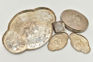 FIVE ITEMS OF SILVER, to include a cherub and foliate embossed tray, with engraved monograms,