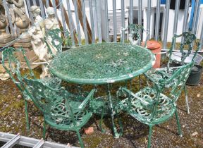 A PAINTED CAST ALUMINIUM GARDEN TABLE AND SIX CHAIRS with pierced foliate detail to all, table