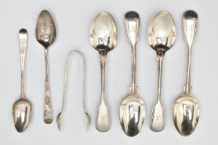 A SMALL BAG OF SILVER CUTLERY, to include four Victorian reeded fiddle pattern teaspoons, each