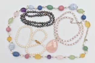 FOUR SEMI-PRECIOUS GEMSTONE PIECES OF JEWELLERY, to include a pear cut faceted rose quartz