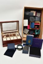 A MULTI STORAGE WATCH BOX AND EMPTY JEWELLERY BOXES, wooden watch and jewellery box, ten watch