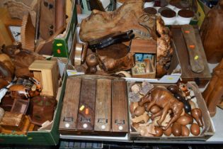 THREE BOXES AND LOOSE TREEN to include a collection of wooden eggs, various sized trinket boxes,