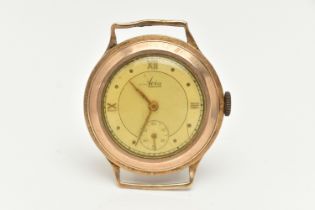 A GENTS 9CT GOLD 'AVIA' WATCH HEAD, manual wind, round silvered dial signed 'Avia', Roman numerals