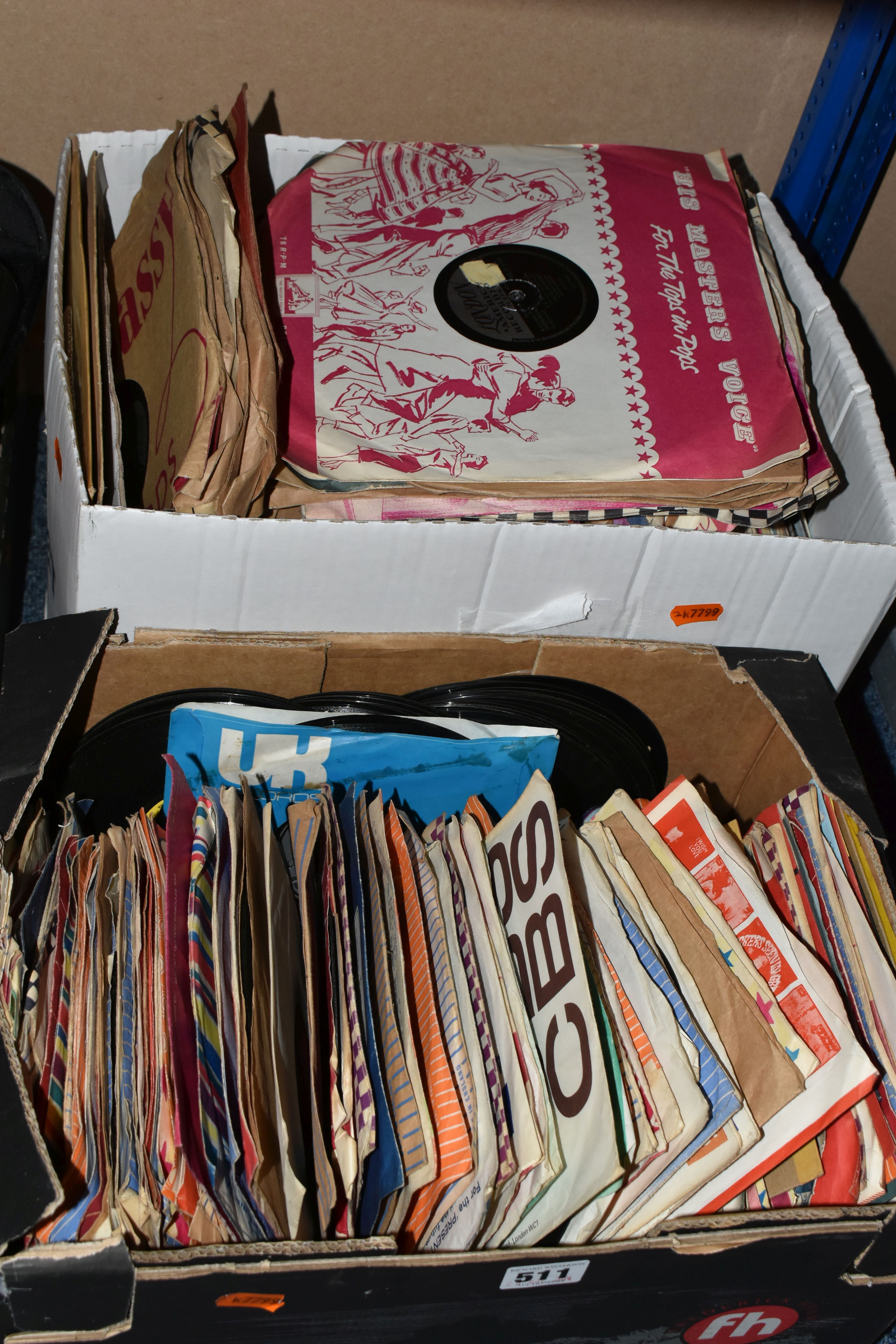 TWO BOXES OF VINYL LPS AND SINGLES to include artists such as Elvis Presley, Buddy Holly, Roy