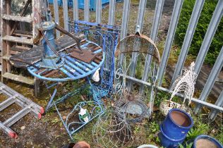 TEN METAL GARDEN ITEMS including a three wire frame light shades and lantern, a distressed table,