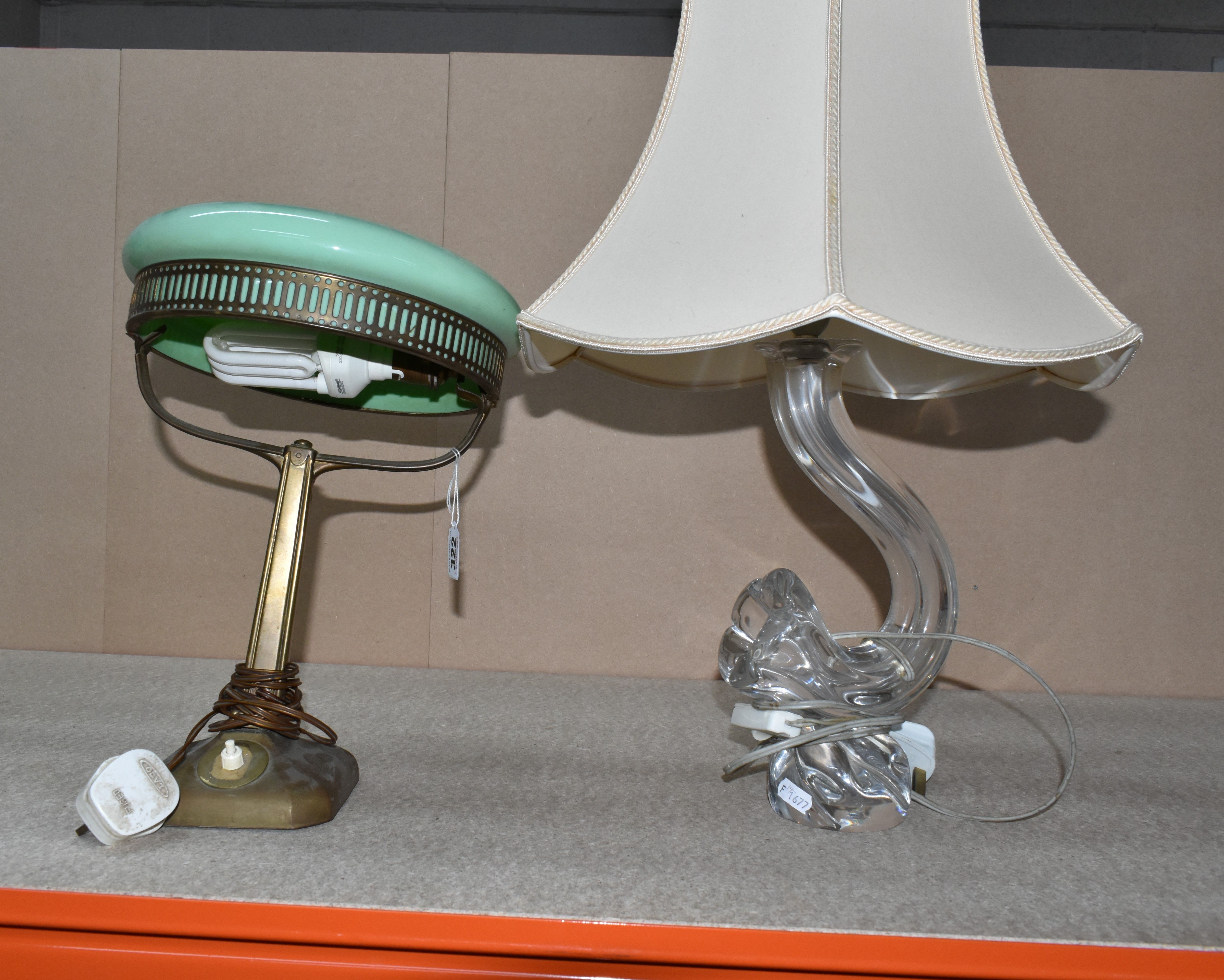 A DAUM FRANCE CRYSTAL GLASS LAMP WITH SHADE, AND AN ART DECO GREEN GLASS AND BRASS DESK LAMP, a