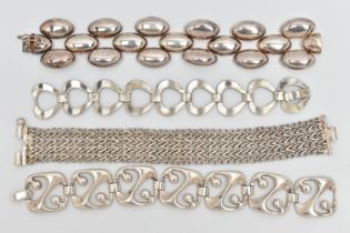 FOUR BRACELETS, to include two large fancy link silver bracelets, both hallmarked London import,