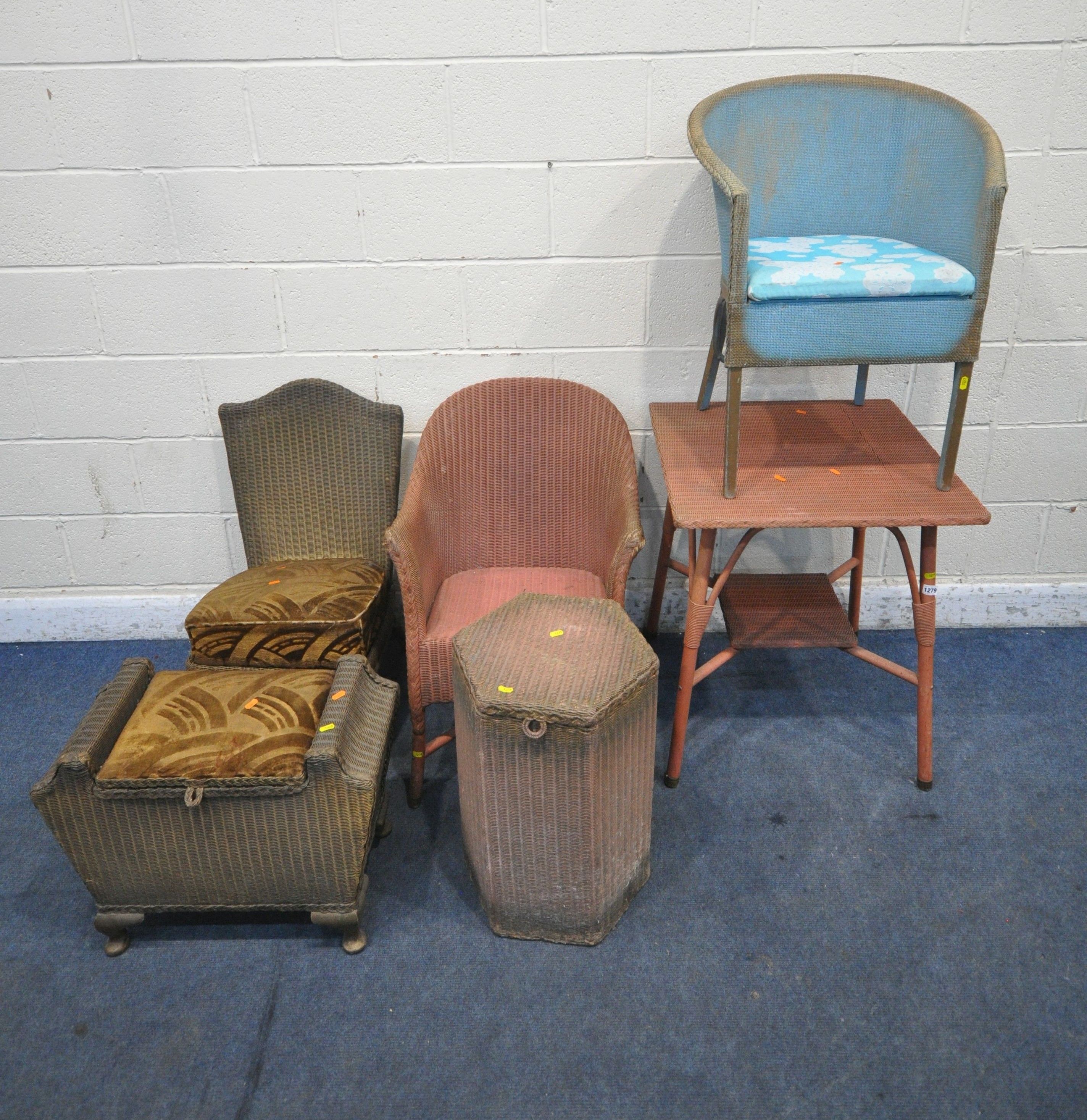 A SELECTION OF PAINTED LLOYD LOOM FURNITURE, to include a table, diameter 61cm x height 73cm, an
