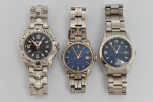 THREE GENTS WRISTWATCHES, to include two 'Accurist WR' stainless steel watches, both with round blue