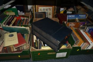 FIVE BOXES OF BOOKS AND LOOSE FRAMED ILLUSTRATIONS to include a variety of late 19th/early 20th