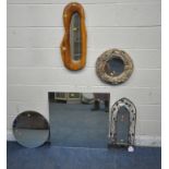 A YEW WOOD WALL MIRROR, a circular wall mirror, another wall mirror, along with two mirror plates (