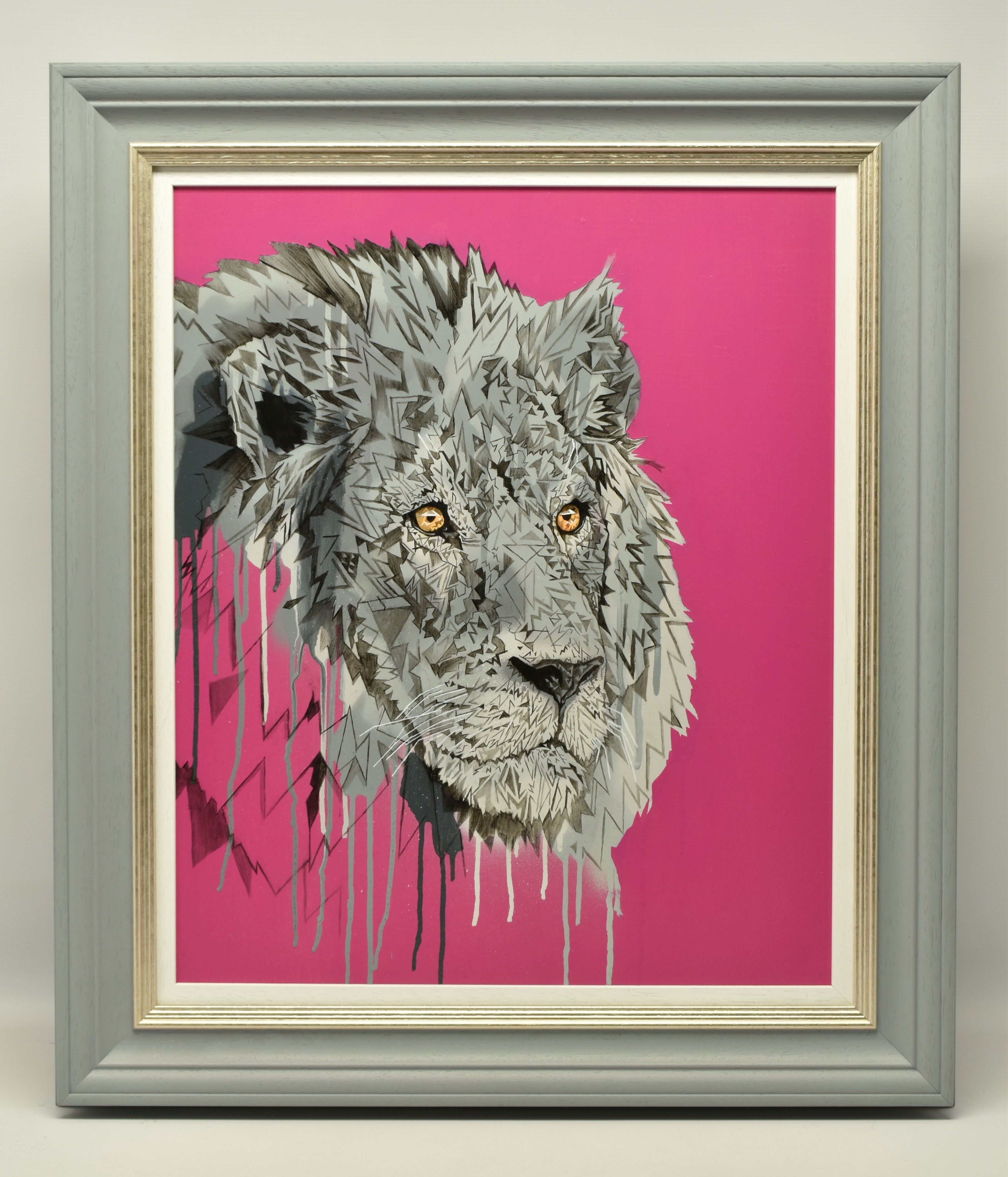 STEPHEN FORD (BRITISH CONTEMPORARY) 'LION HEAD STUDY ON MAGENTA', a stylised portrait of a Lions