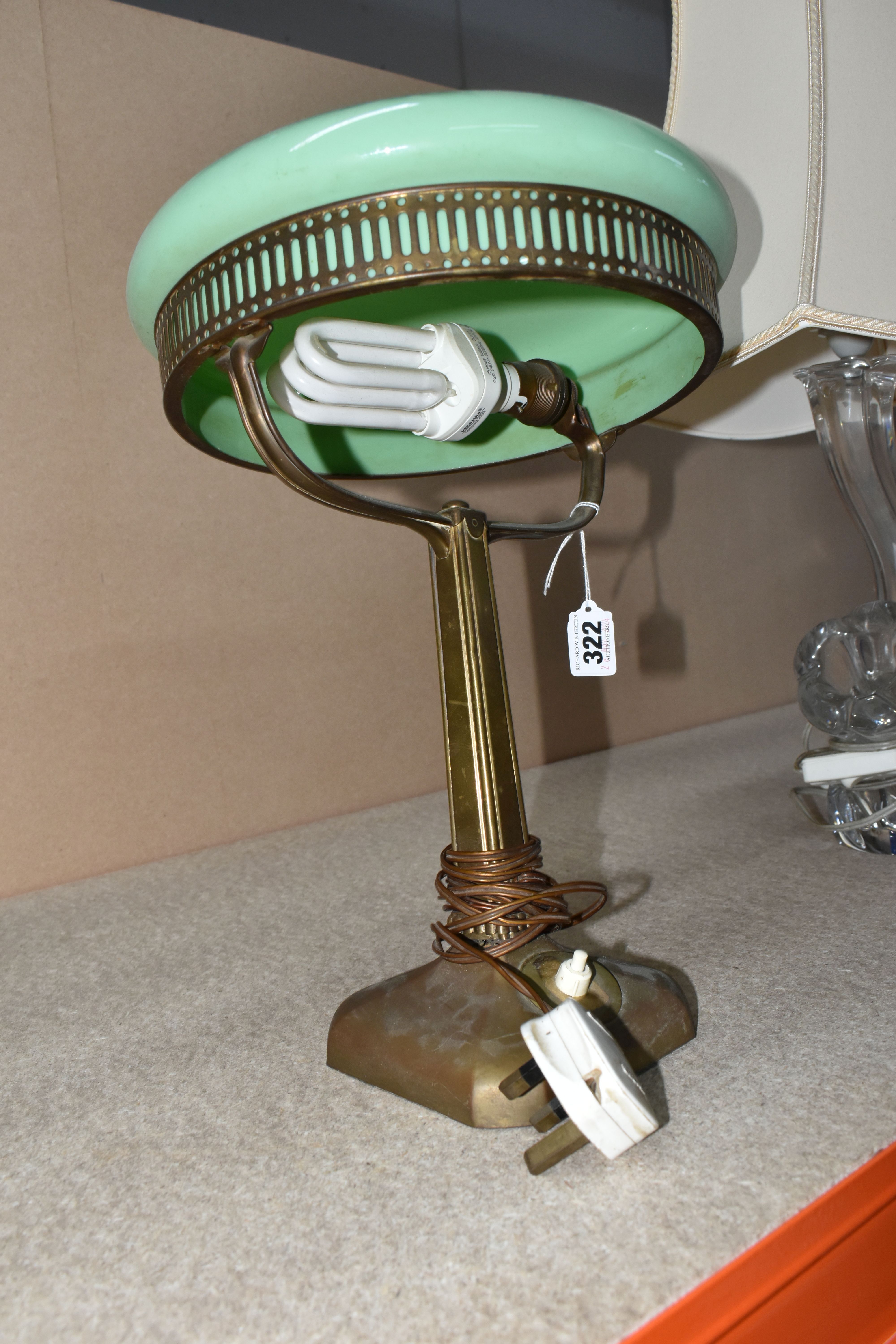 A DAUM FRANCE CRYSTAL GLASS LAMP WITH SHADE, AND AN ART DECO GREEN GLASS AND BRASS DESK LAMP, a - Image 2 of 7