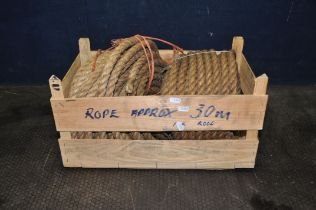A WOODEN TRAY CONTAINING TWO REELS OF 1/4in SISAL ROPE approx 30m per roll
