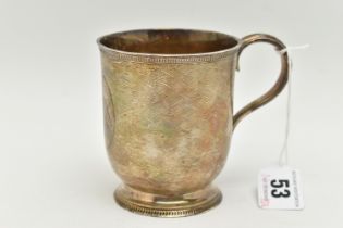 A MID VICTORIAN SILVER CUP, engine turned pattern with engraved oval cartouche, fitted with a scroll