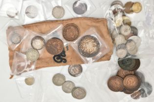 A SMALL PLASTIC BOX CONTAINING WORLD COINS, with lots of 19th century coins India, Thialand, Mexico,
