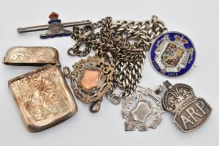 A SMALL BOX OF SILVER ITEMS, to include a graduated silver Albert chain, links stamped with sterling