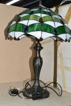 A STAINED GLASS TIFFANY STYLE TABLE LAMP to include original box, zinc alloy body, 61cm height, with