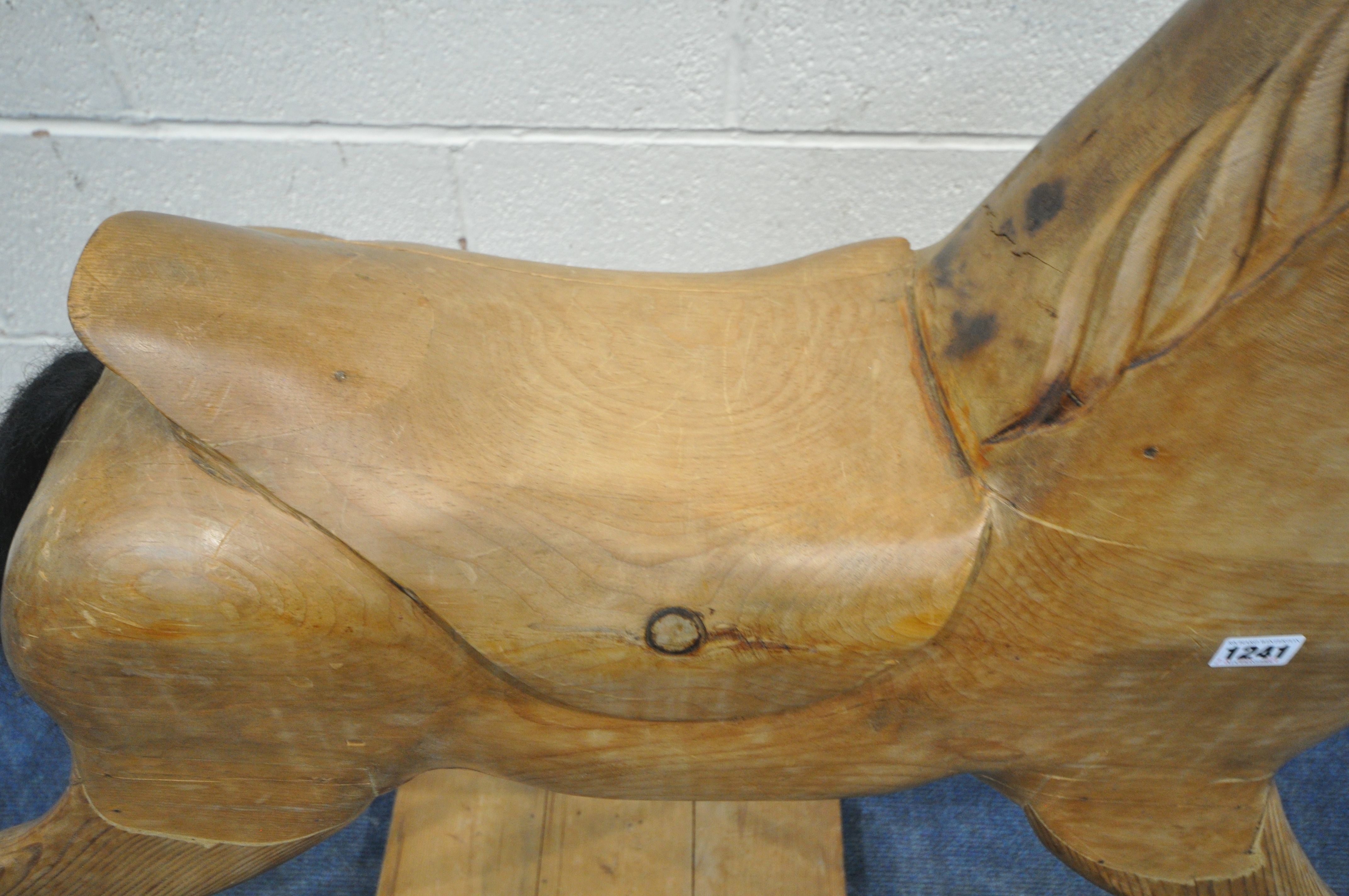 A 20TH CENTURY PINE BOW ROCKING HORSE, with carved mane and saddle, length 148cm (condition - Image 4 of 7