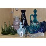 A GROUP OF COLOURED ART GLASS, comprising a pale blue and white Latticino perfume bottle, a Murano