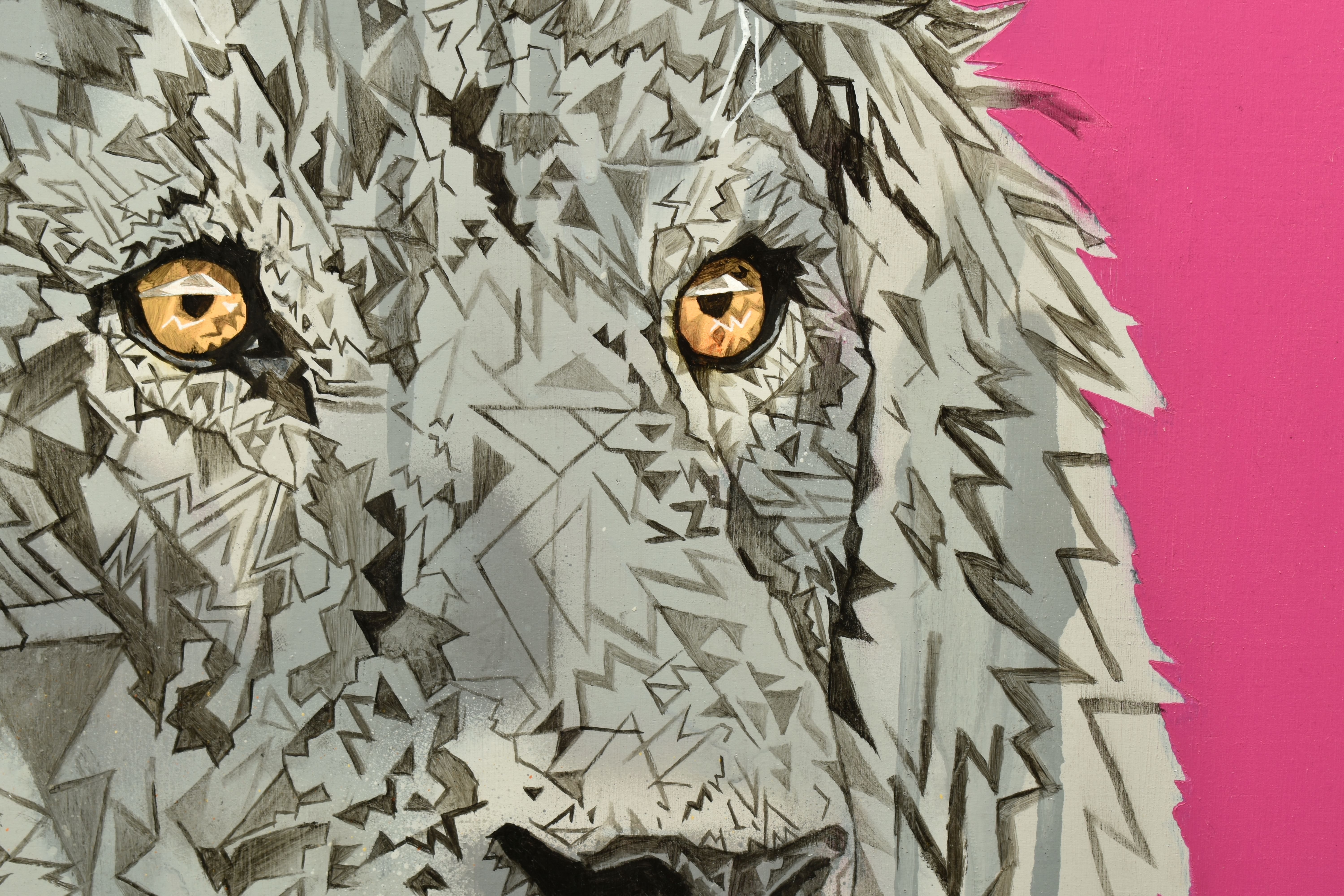 STEPHEN FORD (BRITISH CONTEMPORARY) 'LION HEAD STUDY ON MAGENTA', a stylised portrait of a Lions - Image 3 of 9