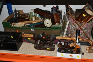 A BOX AND LOOSE PIPES, FISHING ROD, PICTURES AND SUNDRY ITEMS, to include a pipe rack and a box of