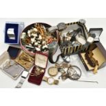 A BOX OF ASSORTED JEWELLERY AND WATCHES, to include a silver hinged bangle, a silver ingot