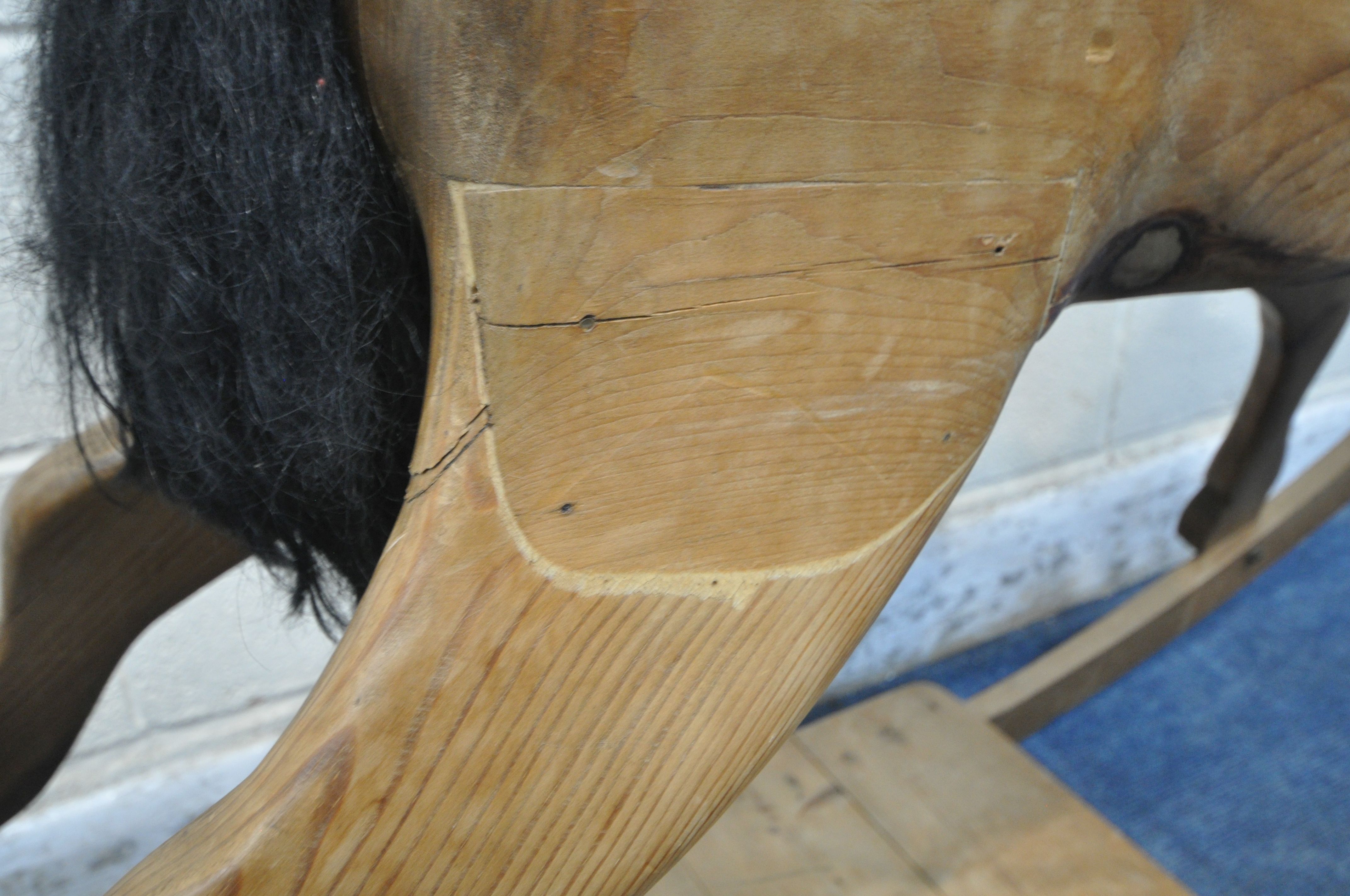 A 20TH CENTURY PINE BOW ROCKING HORSE, with carved mane and saddle, length 148cm (condition - Image 6 of 7