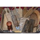 A COLLECTION OF VINTAGE KITCHENWARE include ten pairs of butter paddles, a wood handled bubble and