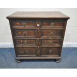 A LATE 17TH CENTURY CHEST OF TWO SHORT OVER THREE LONG DRAWERS, raised on bun feet, width 96cm x