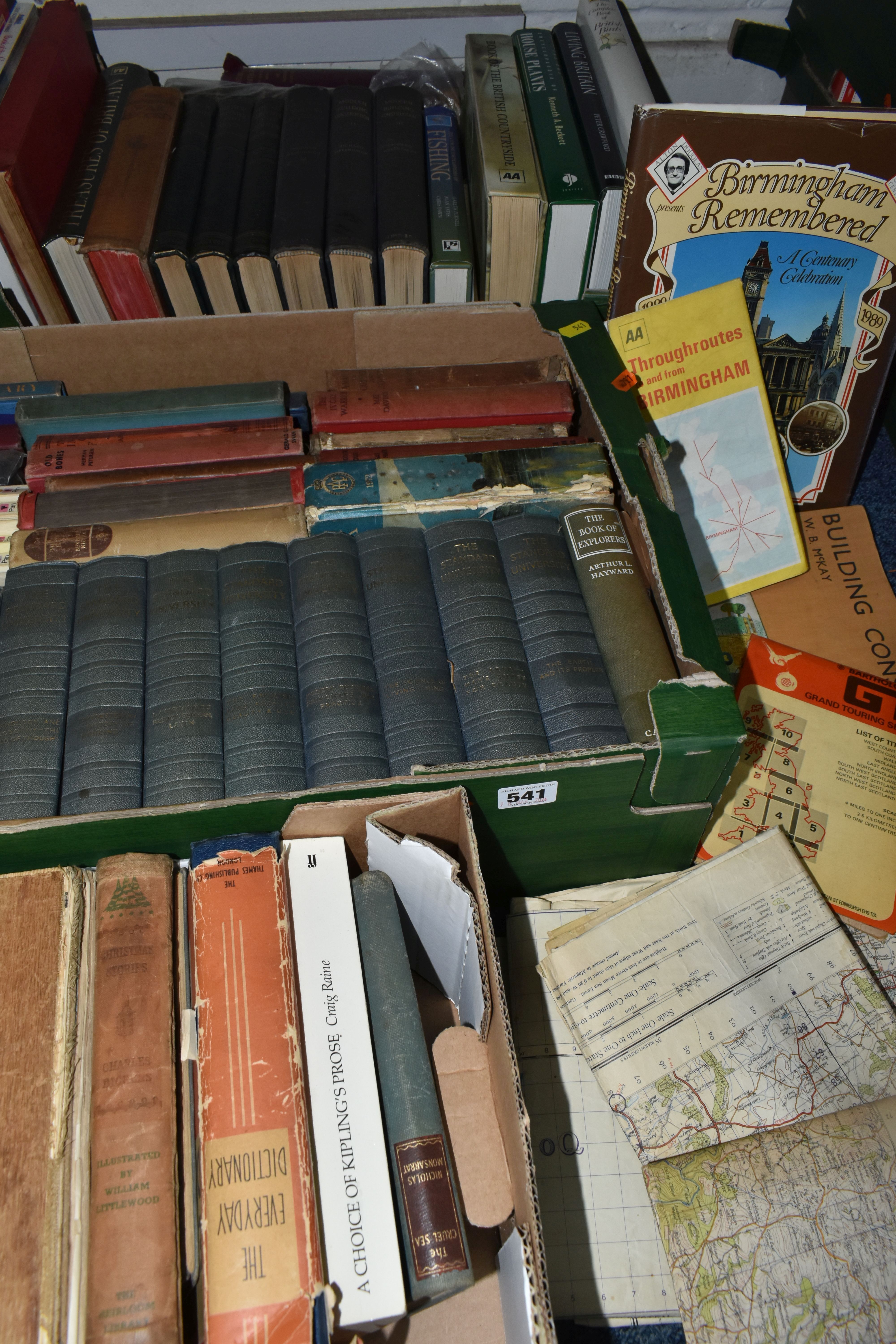 THREE BOXES OF BOOKS AND A SELECTION OF VINTAGE ORDNANCE SURVEY MAPS to include a selection of early