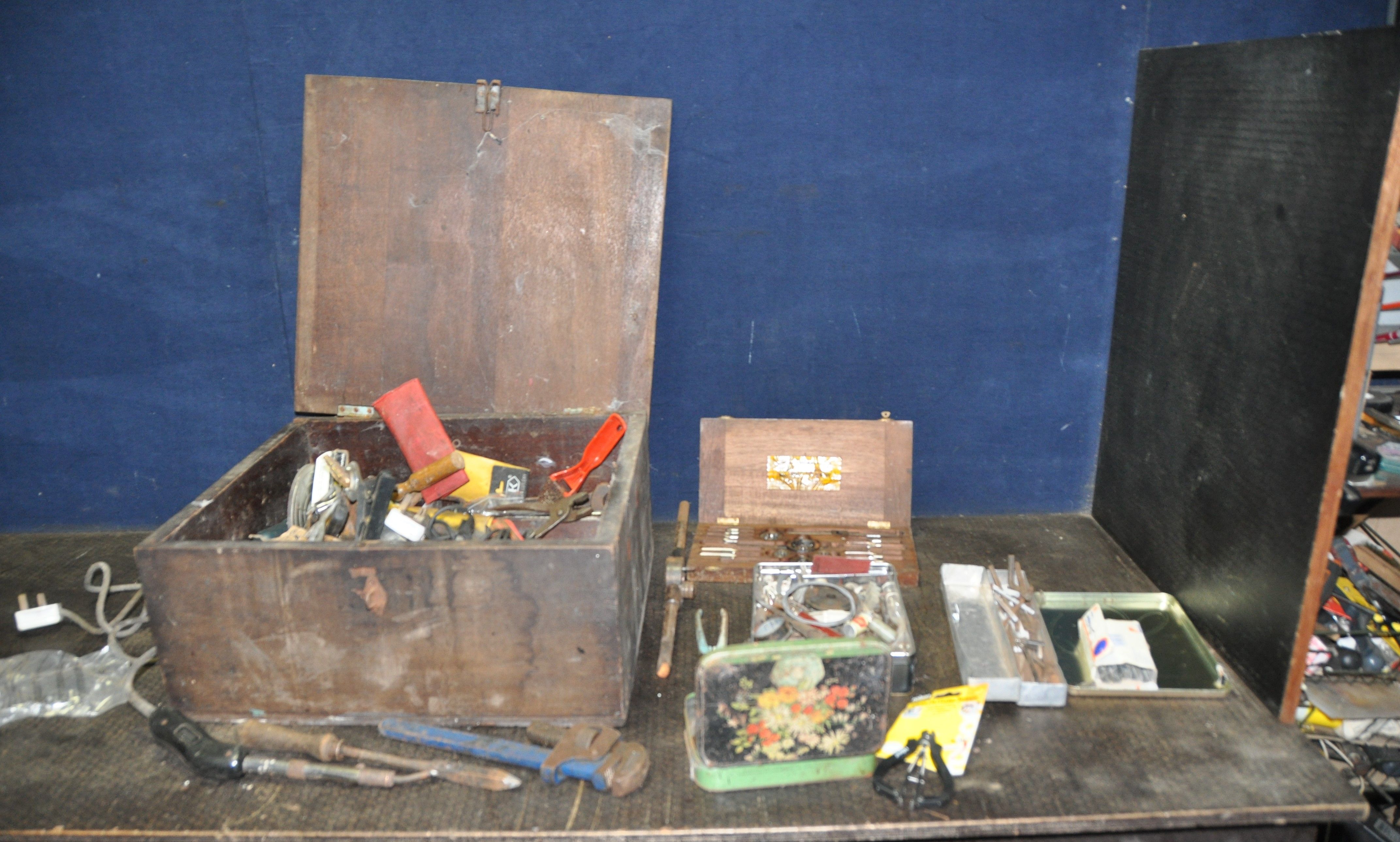 A WOODEN BOX CONTAINING TOOLS including a Lehman's Imperial tap and die set, spanners, pliers,