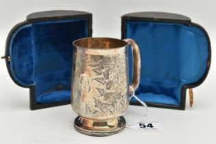 A CASED LATE VICTORIAN TRAVEL CUP, foliate decoration with engraved cartouche, hallmarked '