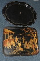 TWO LATE VICTORIAN/TURN OF THE CENTURY PAPIER MACHE TRAYS to include one black with mother of