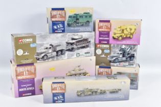 SEVEN BOXED CORGI CLASSICS WWII MILITARY VEHICLE MODELS, three Diamond T Tank Transporter Models,