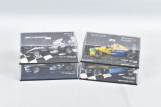 FOUR BOXED MINICHAMPS RACING VEHICLES, to include a McLaren Mercedes MP4-19 D.Coulthard, edition
