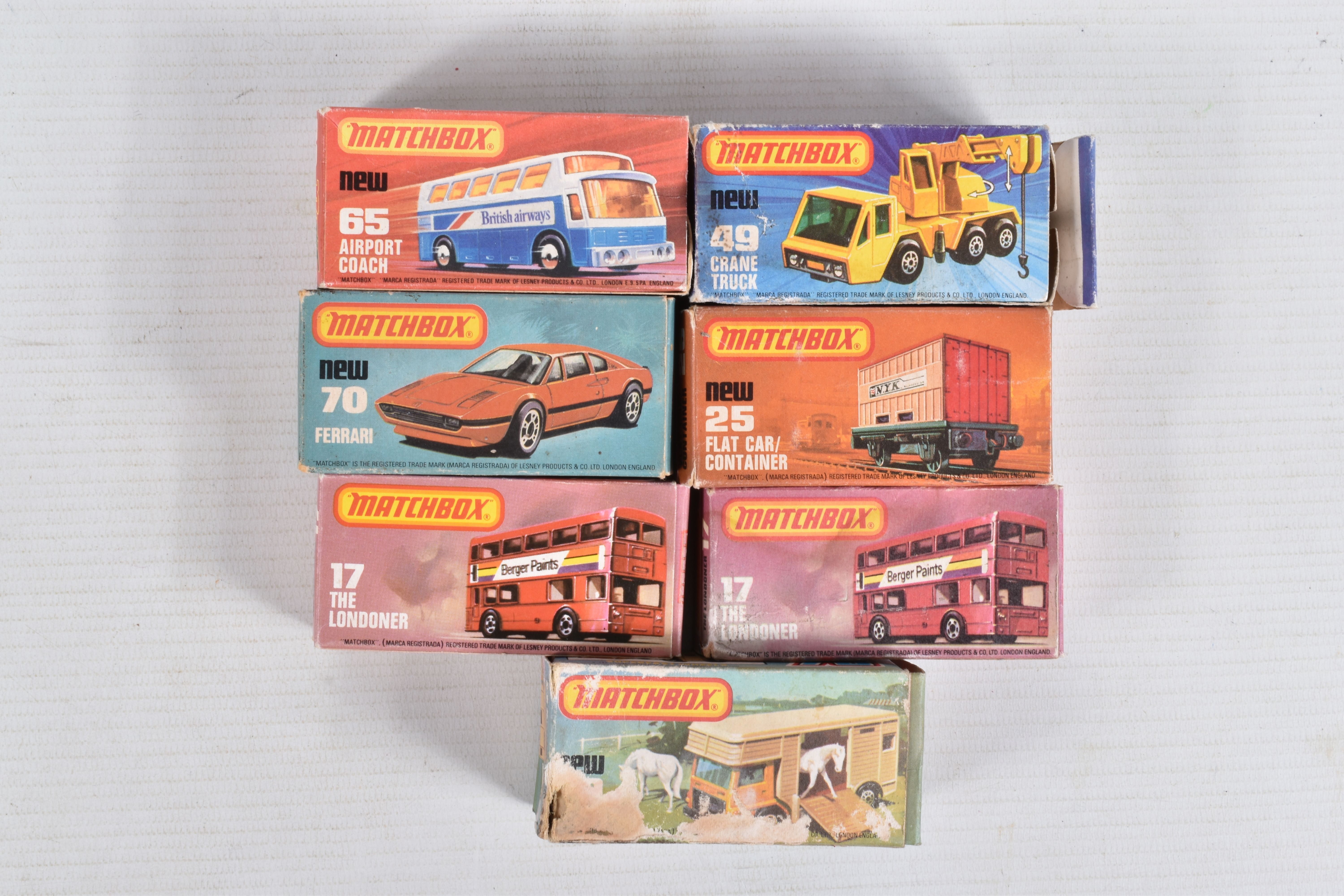 SEVEN BOXED MATCHBOX SUPERFAST DIECAST MODEL VEHICLES, the first a new no. 65 Airport Coach,