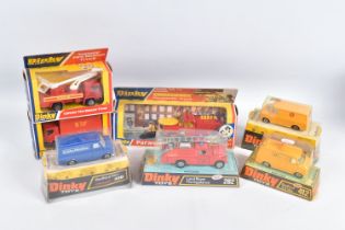 SEVEN BOXED LATER ISSUE DINKY TOYS VEHICLES, Bedford CF Vans, 'Danish Post', No.410, 'John Menzies',