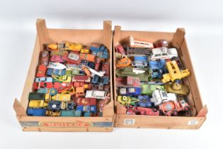 TWO WOODEN FRUIT BOXES CONTAINING PLAYWORN DIE CAST VEHICLES, to include Dinky Range rover missing