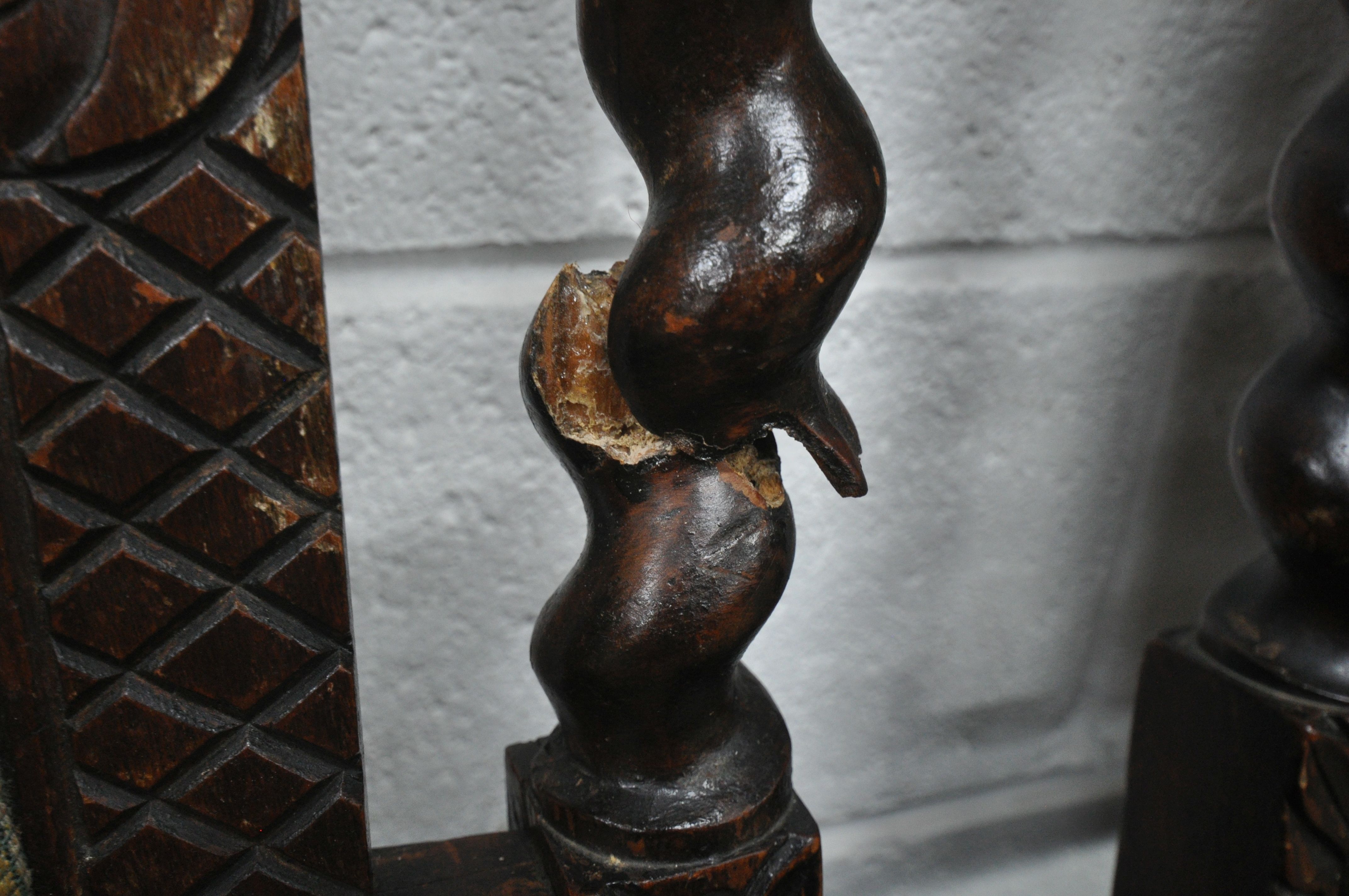 A SET OF FOUR EARLY 20TH CENTURY OAK CHAIRS, with twin finials, scrolled and floral carving, - Image 3 of 5