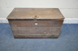 A VINTAGE PINE TOOL CHEST, with a hinged lid, width 87cm x depth 42cm x height 46cm (condition