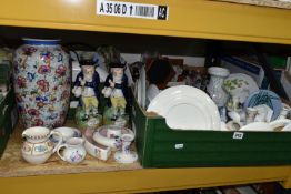 THREE BOXES AND LOOSE CERAMICS, to include two 19th century Staffordshire Pottery Toby jugs '