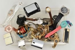 A BOX OF ASSORTED LADIES AND GENTS WRISTWATCHES AND LIGHTERS, mostly quartz watches names to include