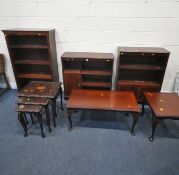 A SELECTION OF LATE 20TH CENTURY MAHOGANY FURNITURE, to include three open bookcases, tallest