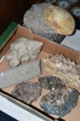 A BOX OF LARGE MINERAL SPECIMENS, to include crystal specimens quartz, amethyst, a large