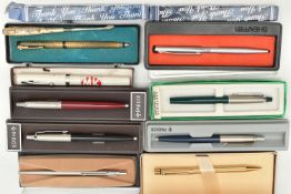 ASSORTED PENS, to include a boxed gold plated, engine turned pattern 'Sheaffer' ball point pen, a